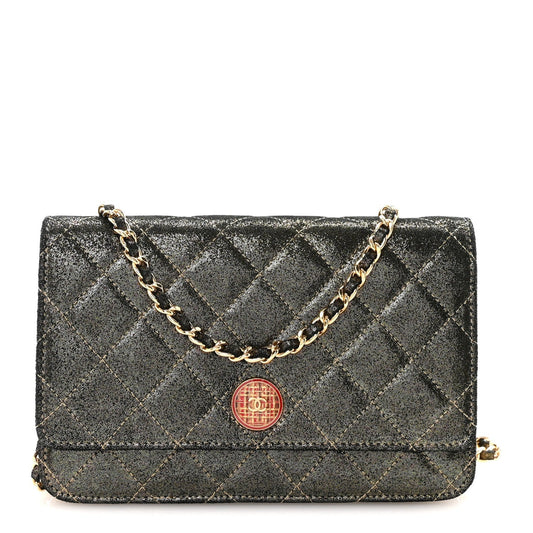 Iridescent Calfskin Quilted Tartan Button Wallet on Chain WOC Gold