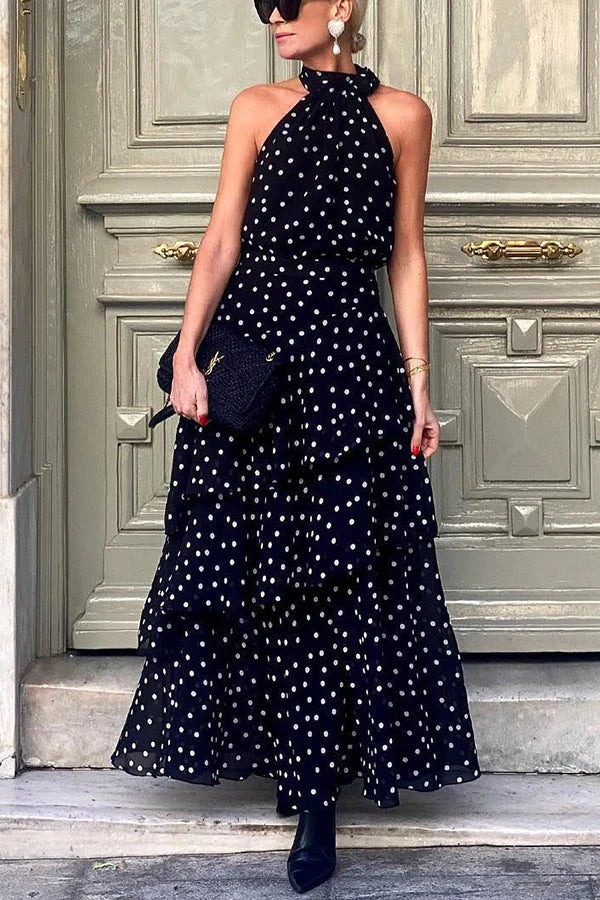 Vestido largo con cuello halter, lazo y estampado de lunares en Cabana Date