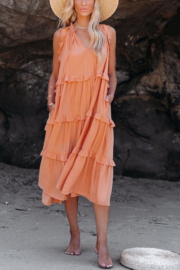 VESTIDO MIDI ESCALONADO CON BOLSILLOS DE MEZCLA DE ALGODÓN