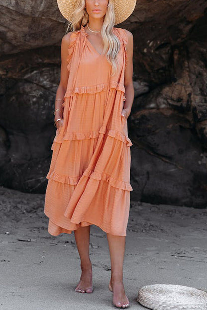 VESTIDO MIDI ESCALONADO CON BOLSILLOS DE MEZCLA DE ALGODÓN