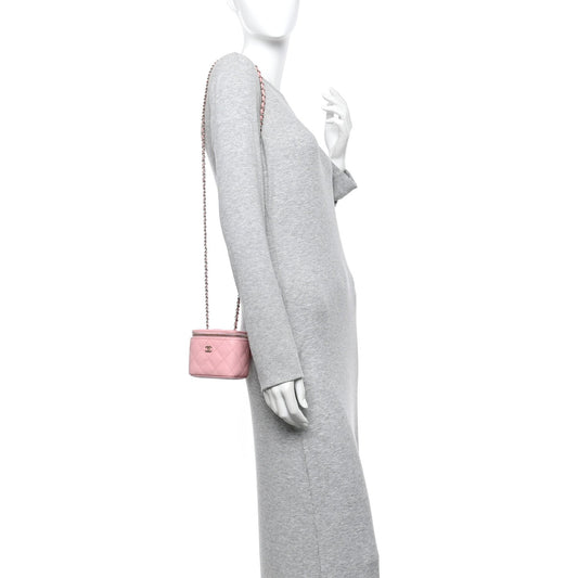 Caviar Quilted Mini Vanity Case With Chain Pink