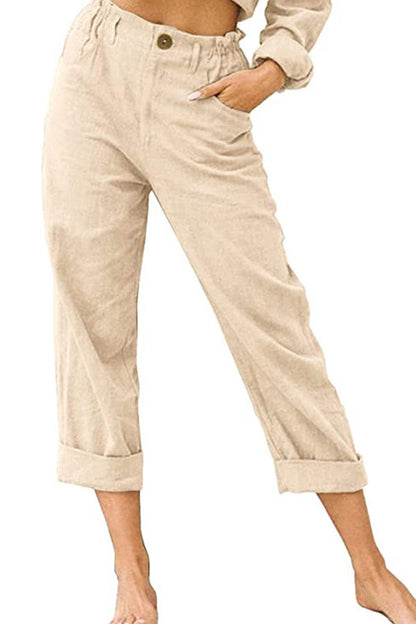 Pantalones casuales de cintura alta holgados de moda de algodón y lino de color sólido