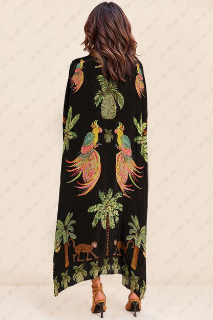 Vestido único con estampado de cocoteros y mangas caídas en los hombros