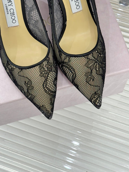 Jimmy Choo Classic Lace 65mm Pointed-Toe High Heels Black Sheepskin 573532
