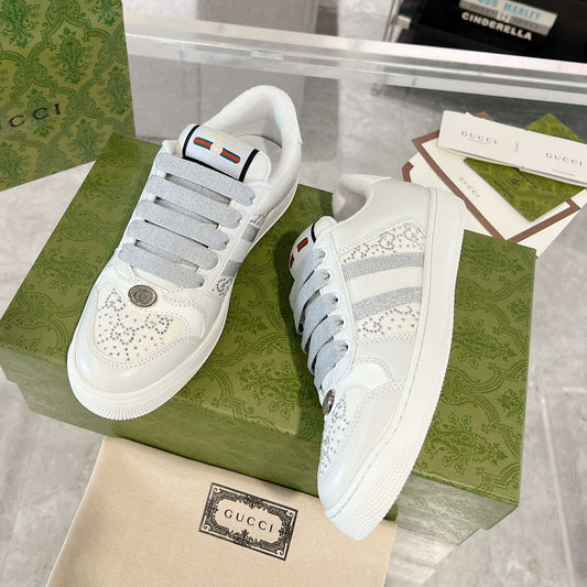 Gucci 2025 Screener Sneaker White Gray Leather Canvas 758539