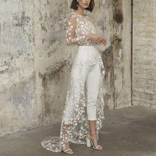 Ropa de otoño para mujer, mono de encaje de manga larga transparente, gabardina sintética de dos piezas