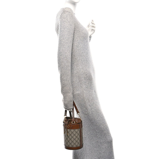 GG Supreme Monogram Azalea Sakai Calfskin Small Horsebit 1955 Drawstring Bucket Bag Beige Ebony Brown Sugar