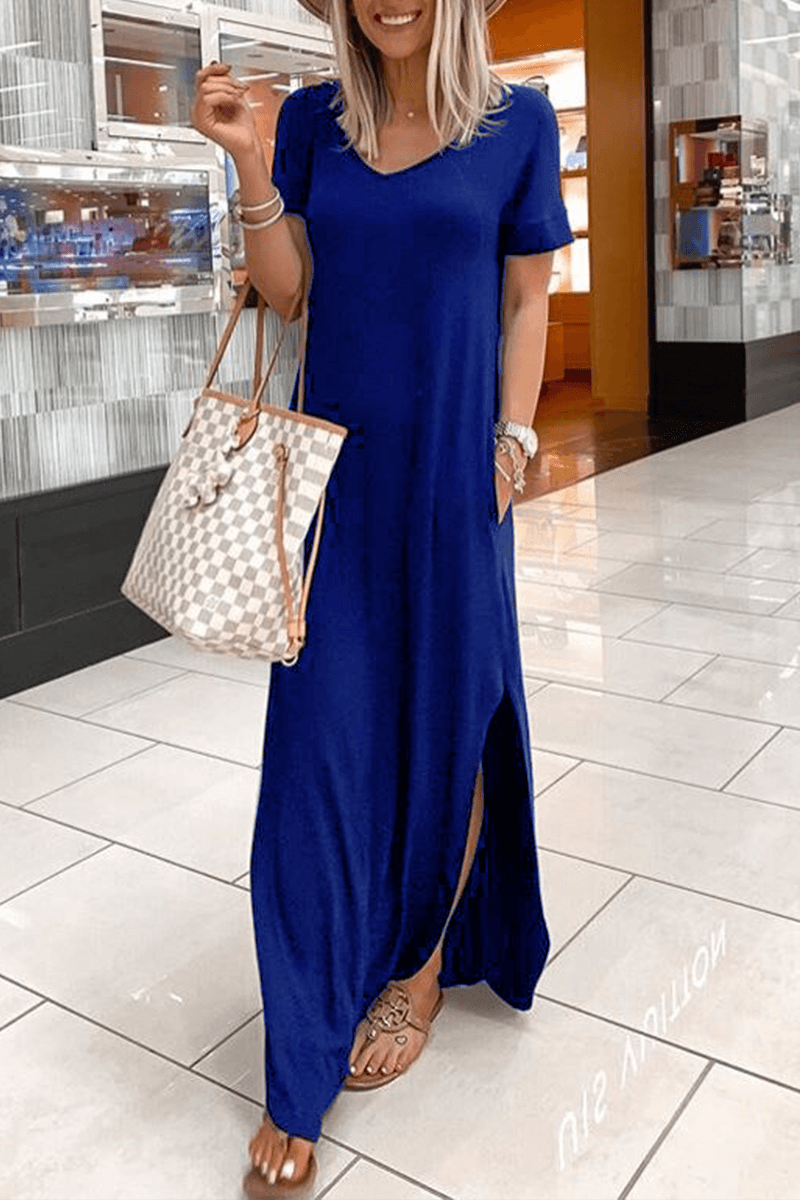 VESTIDO IRREGULAR CON CUELLO EN V Y ABERTURA ACOGEDOR