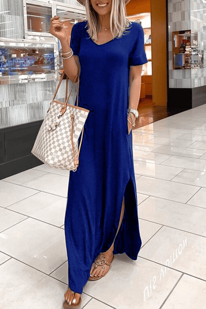 VESTIDO IRREGULAR CON CUELLO EN V Y ABERTURA ACOGEDOR