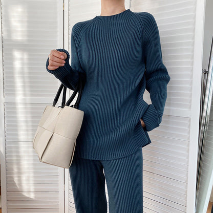 Conjunto de dos piezas formado por suéter y pantalón ancho de punto grueso y abertura lateral para mujer, otoño e invierno, a la moda