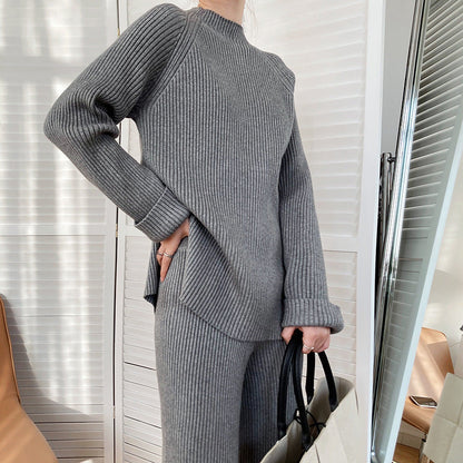 Conjunto de dos piezas formado por suéter y pantalón ancho de punto grueso y abertura lateral para mujer, otoño e invierno, a la moda