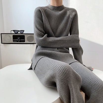Conjunto de dos piezas formado por suéter y pantalón ancho de punto grueso y abertura lateral para mujer, otoño e invierno, a la moda
