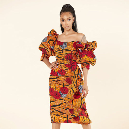 Vestido retro de verano con hombros descubiertos y cintura ajustada para mujer