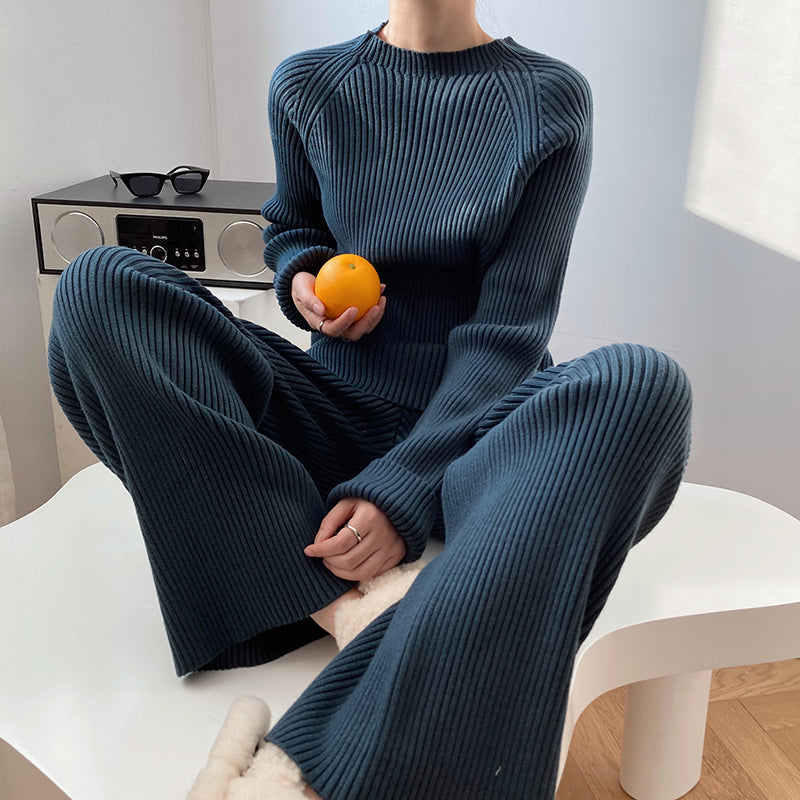 Conjunto de dos piezas formado por suéter y pantalón ancho de punto grueso y abertura lateral para mujer, otoño e invierno, a la moda