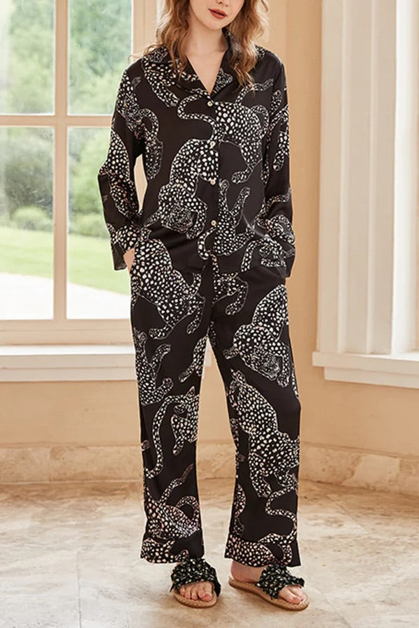 Conjunto de dos piezas de manga larga para casa con estampado de jaguar negro
