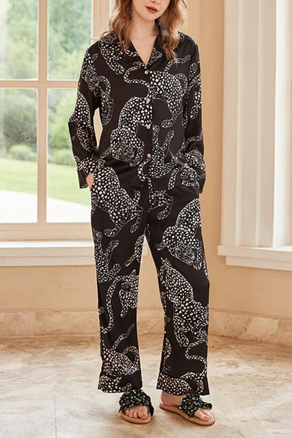 Conjunto de dos piezas de manga larga para casa con estampado de jaguar negro