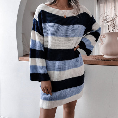 Vestido suéter de punto a rayas de color contrastante suelto para otoño e invierno, ropa para mujer