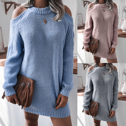 Vestido tipo suéter holgado informal de manga larga con hombros descubiertos para otoño e invierno, ropa para mujer