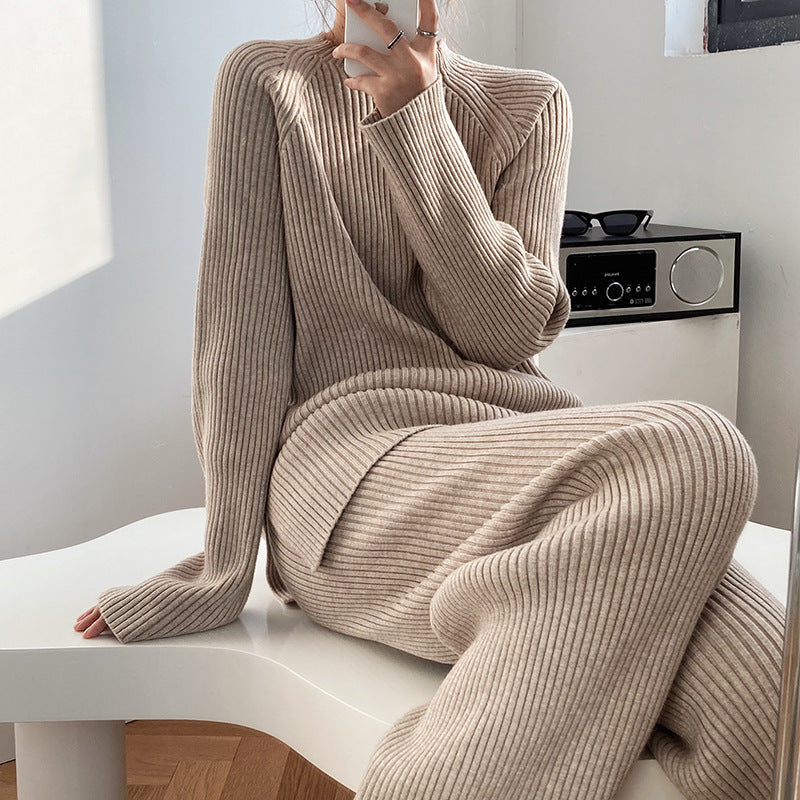 Conjunto de dos piezas formado por suéter y pantalón ancho de punto grueso y abertura lateral para mujer, otoño e invierno, a la moda