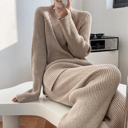 Conjunto de dos piezas formado por suéter y pantalón ancho de punto grueso y abertura lateral para mujer, otoño e invierno, a la moda