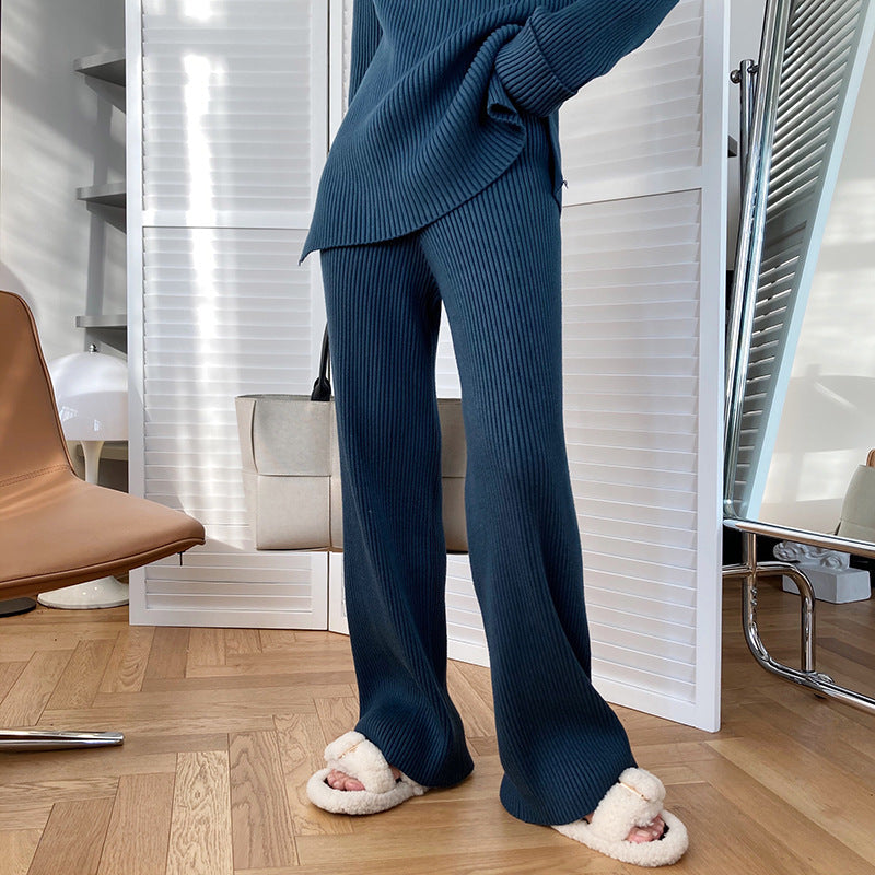 Conjunto de dos piezas formado por suéter y pantalón ancho de punto grueso y abertura lateral para mujer, otoño e invierno, a la moda