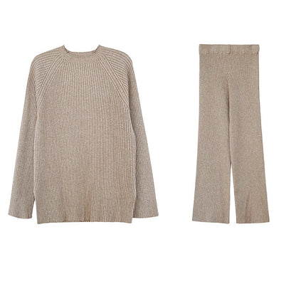 Conjunto de dos piezas formado por suéter y pantalón ancho de punto grueso y abertura lateral para mujer, otoño e invierno, a la moda