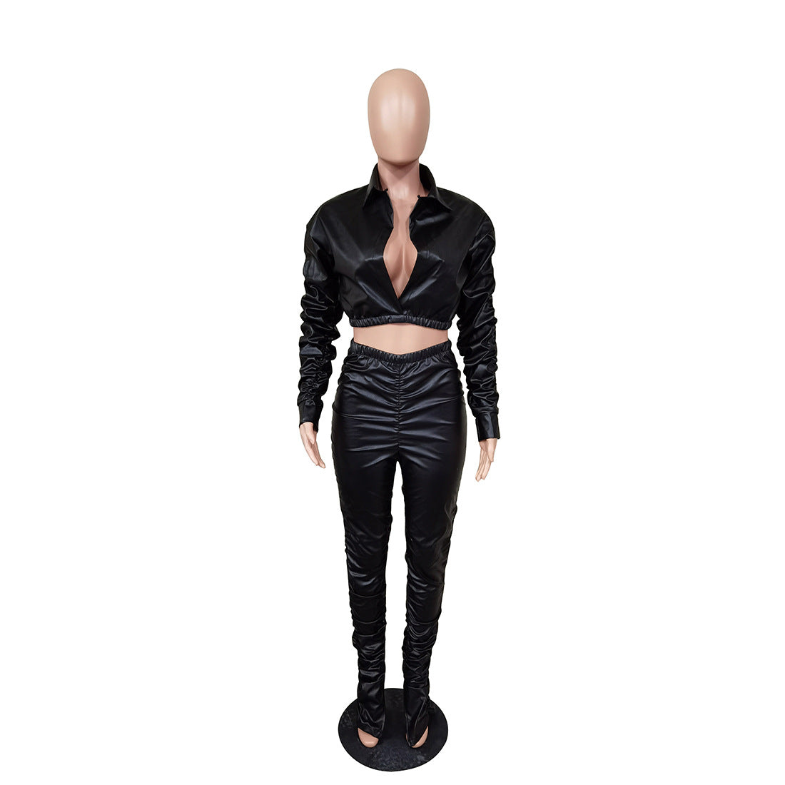 Conjunto de dos piezas para mujer, moda informal, de piel sintética, fruncido, elástico, para otoño e invierno