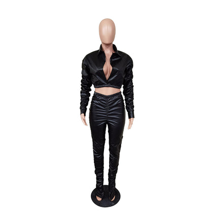 Conjunto de dos piezas para mujer, moda informal, de piel sintética, fruncido, elástico, para otoño e invierno