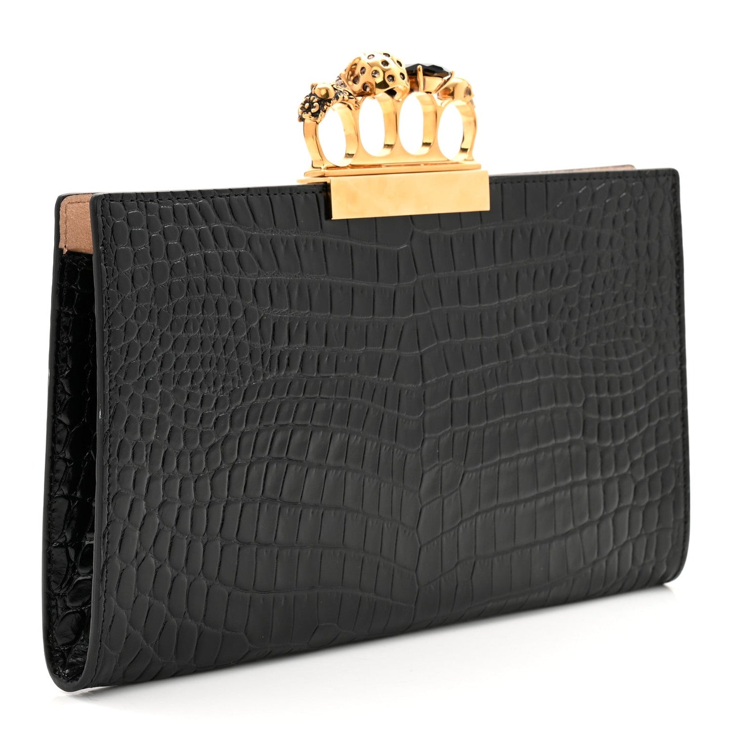 Calfskin Crocodile Embossed Knuckle Flat Clutch Black Gold