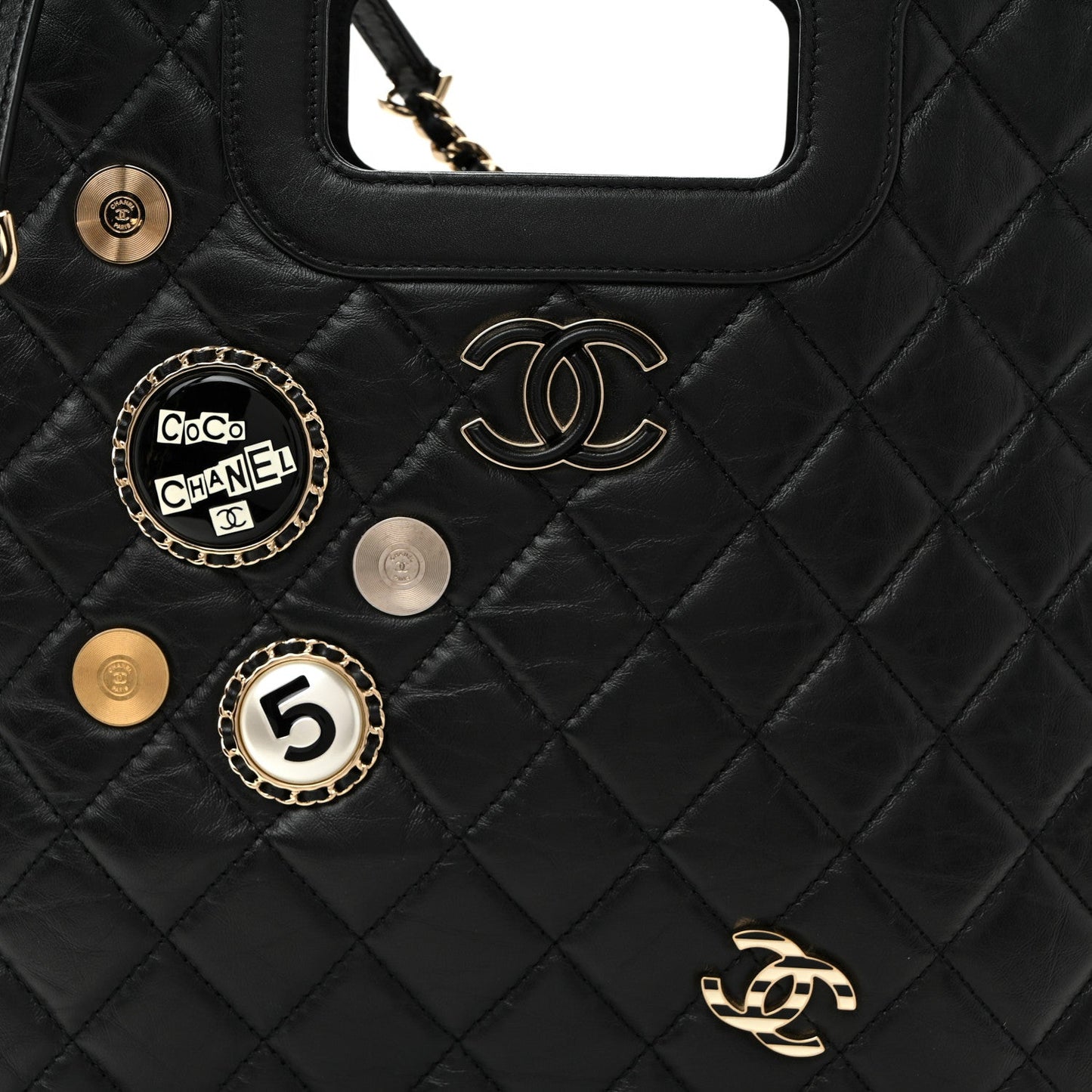 Aged Calfskin Small Charms Shopping Bag Black