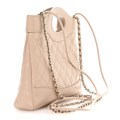 Shiny Crumpled Calfskin Quilted Mini 31 Shopping Bag Beige