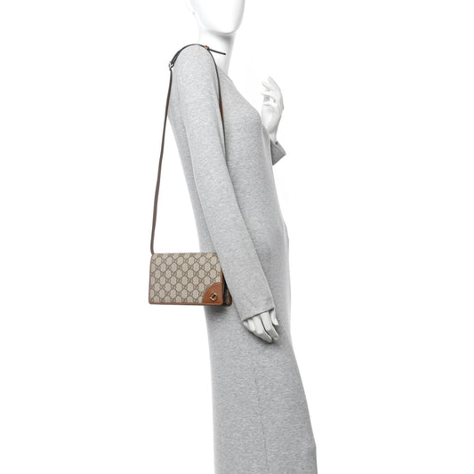 GG Supreme Monogram Textured Calfskin Emblem Super Mini Shoulder Bag Beige Dark Brown