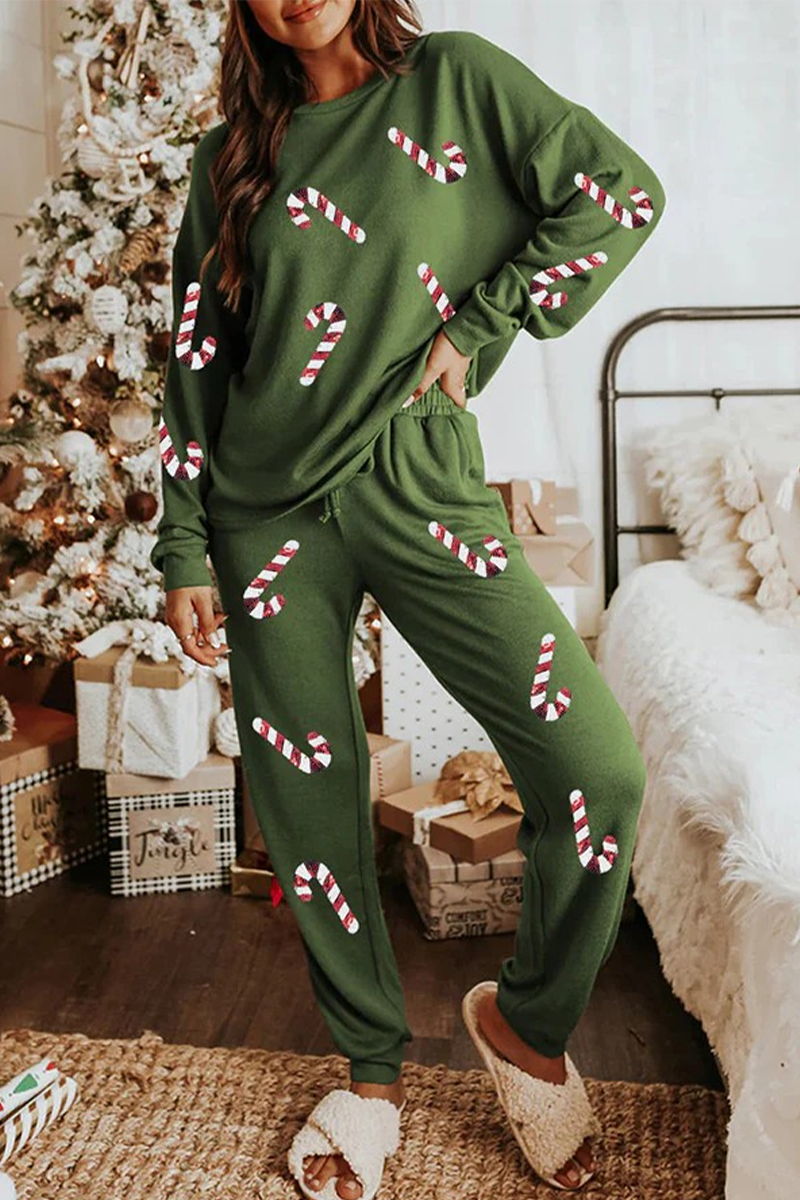 Conjunto informal de dos piezas con cuello redondo, manga larga y lentejuelas, con cordones y árbol de Navidad de Papá Noel para fiesta