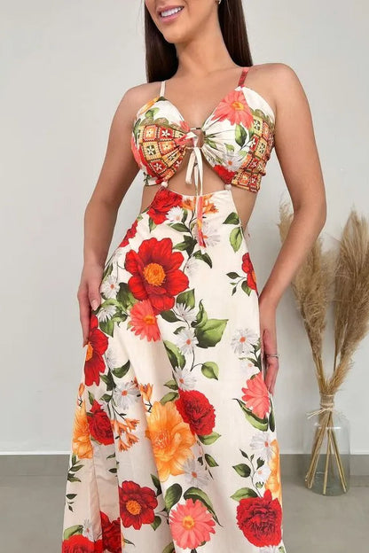 Vestido largo con espalda abierta y lazo en la cintura de MONET Blooming Rose
