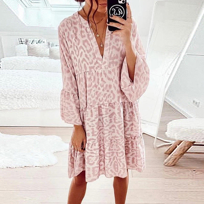 Vestido babydoll holgado con cuello en V, manga larga y estampado de primavera y verano para mujer