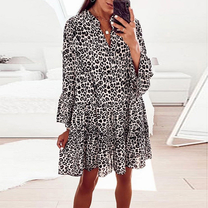 Vestido babydoll holgado con cuello en V, manga larga y estampado de primavera y verano para mujer