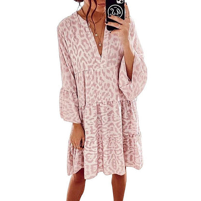 Vestido babydoll holgado con cuello en V, manga larga y estampado de primavera y verano para mujer