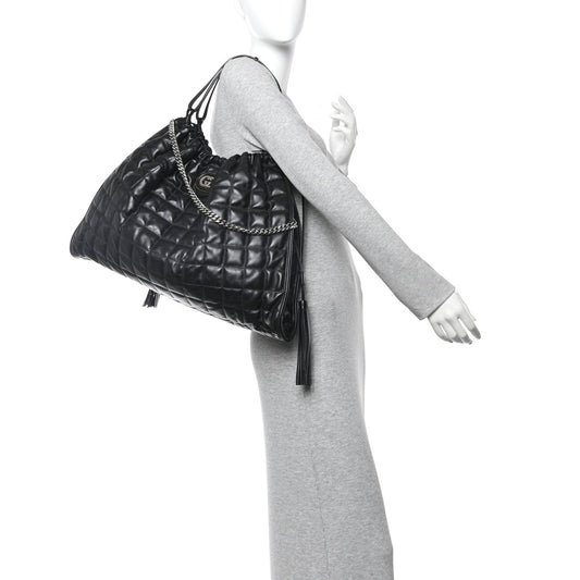 Calfskin Quilted Large Deco Tote Bag Black