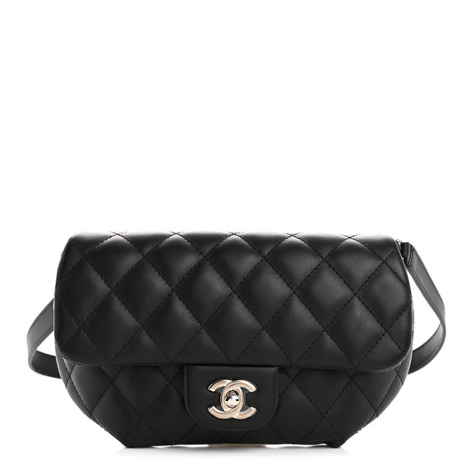 Calfskin Quilted CC Uniform Flap Belt Bag Black