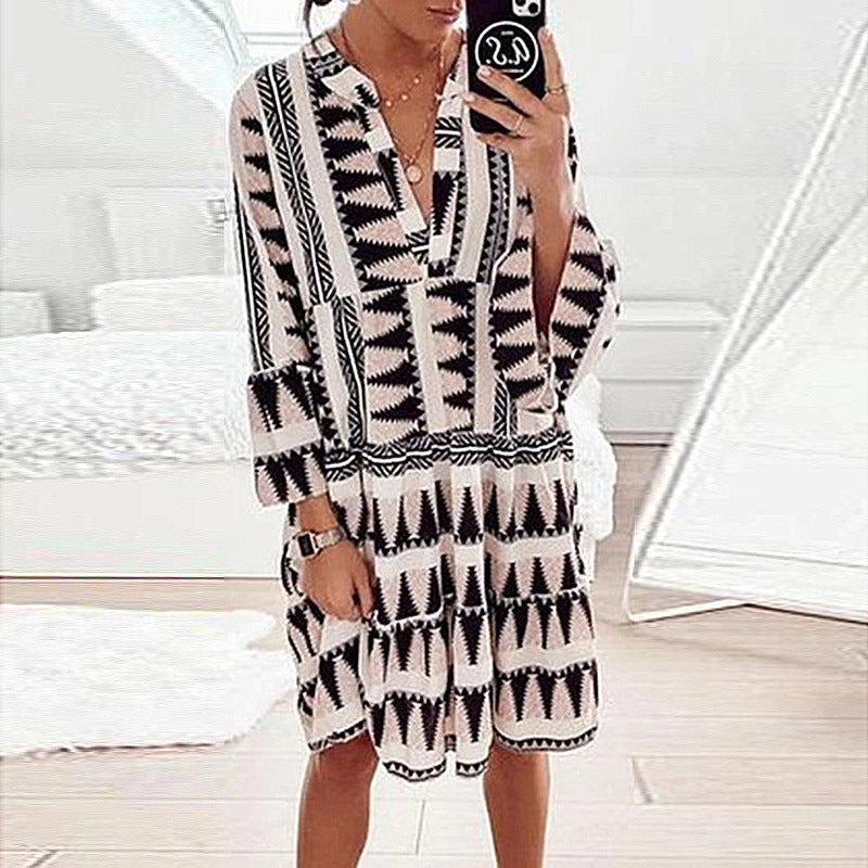 Vestido babydoll holgado con cuello en V, manga larga y estampado de primavera y verano para mujer