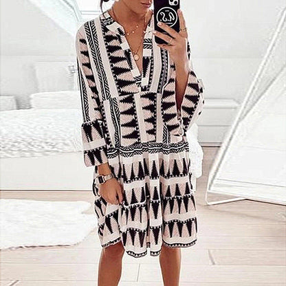 Vestido babydoll holgado con cuello en V, manga larga y estampado de primavera y verano para mujer