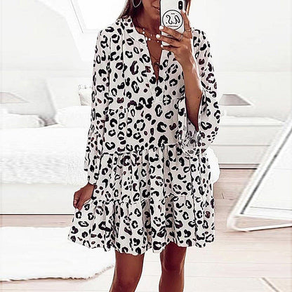 Vestido babydoll holgado con cuello en V, manga larga y estampado de primavera y verano para mujer