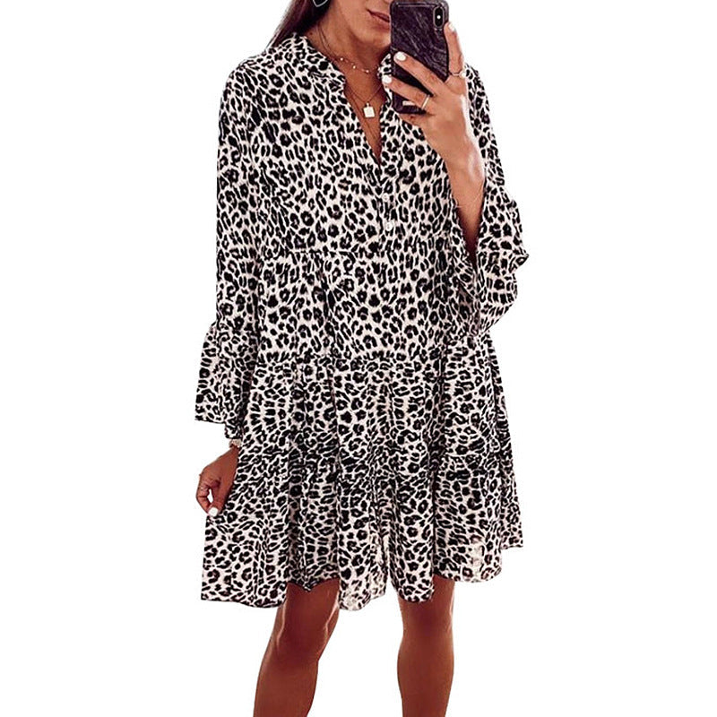 Vestido babydoll holgado con cuello en V, manga larga y estampado de primavera y verano para mujer