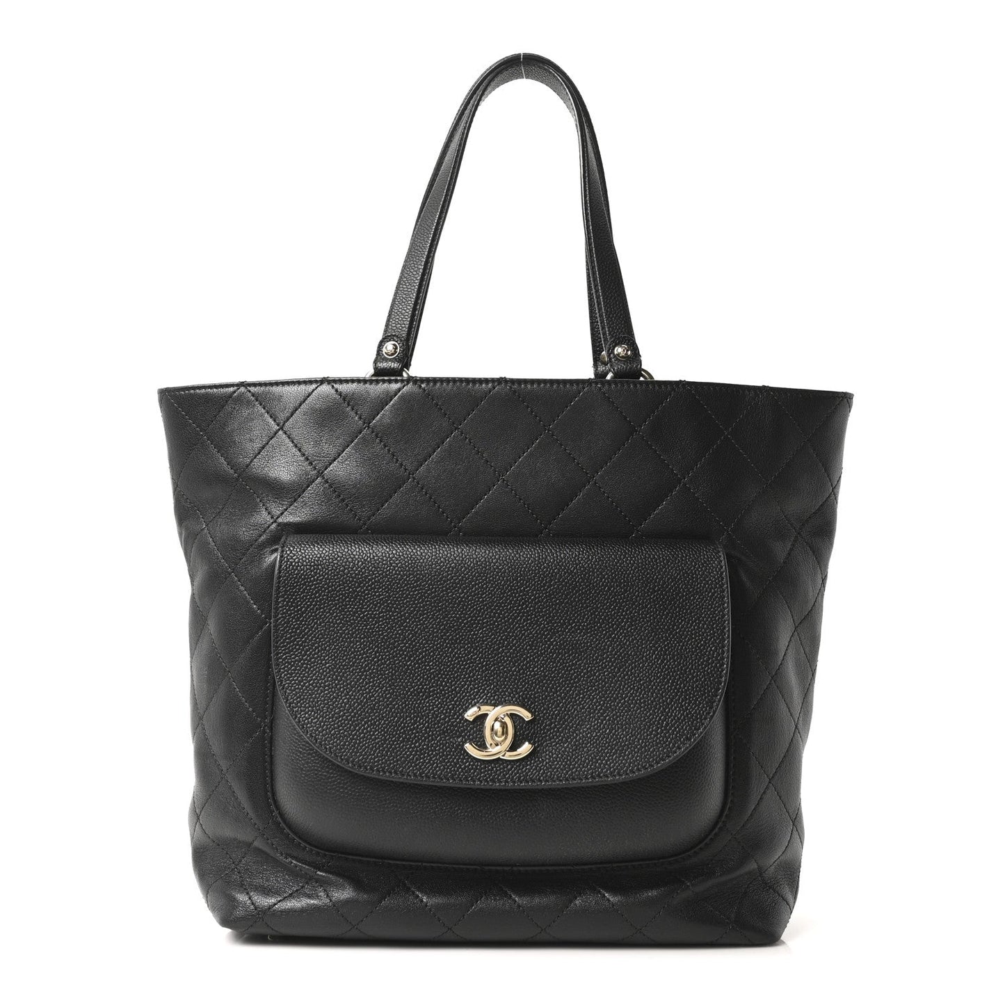 Sheepskin Caviar Quilted Medium Shopping Tote Black
