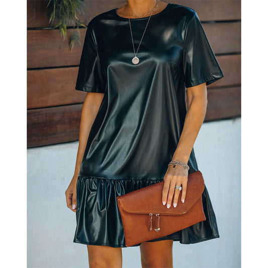 Vestido de oficina de otoño-invierno con volantes, holgado, adelgazante, de charol y piel sintética, de manga corta