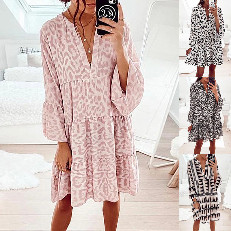 Vestido babydoll holgado con cuello en V, manga larga y estampado de primavera y verano para mujer
