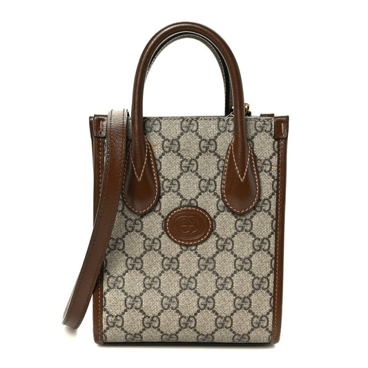 GG Supreme Monogram Azalea Calfskin Mini Retro Interlocking G Tote Bag Beige Ebony Brown Sugar