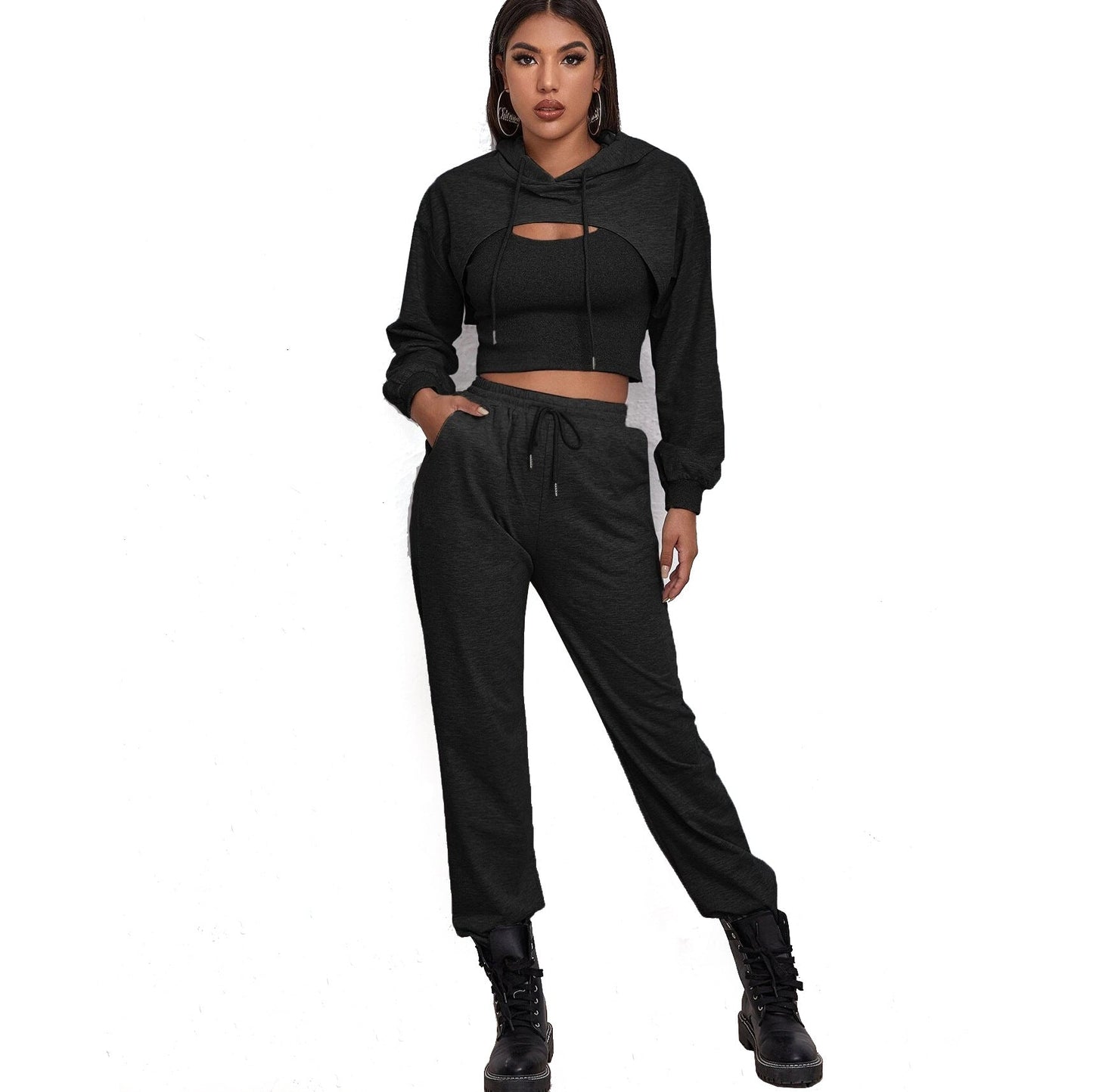 Ropa de mujer Otoño Invierno Deportes Sudadera con capucha con cordón Vestido suelto de vendaje Chaleco corto con tirantes Suéter Traje de dos piezas
