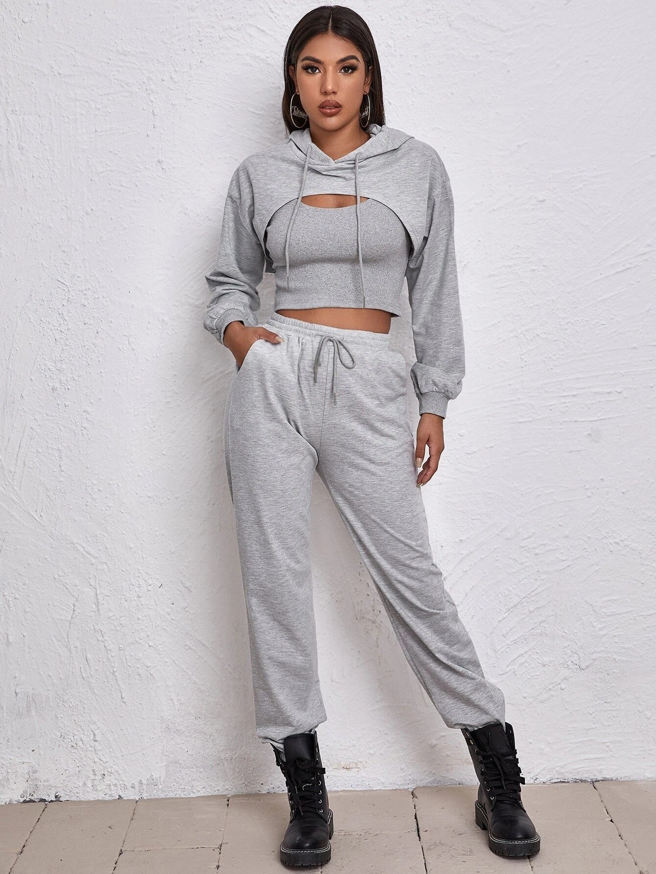 Ropa de mujer Otoño Invierno Deportes Sudadera con capucha con cordón Vestido suelto de vendaje Chaleco corto con tirantes Suéter Traje de dos piezas