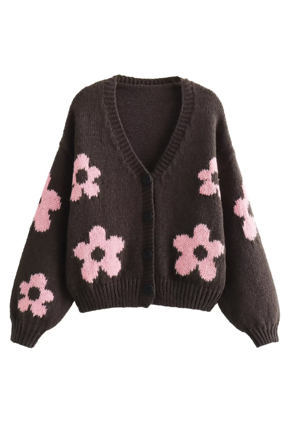Abrigo de punto estilo perezoso con cuello en V e intarsia 3D 